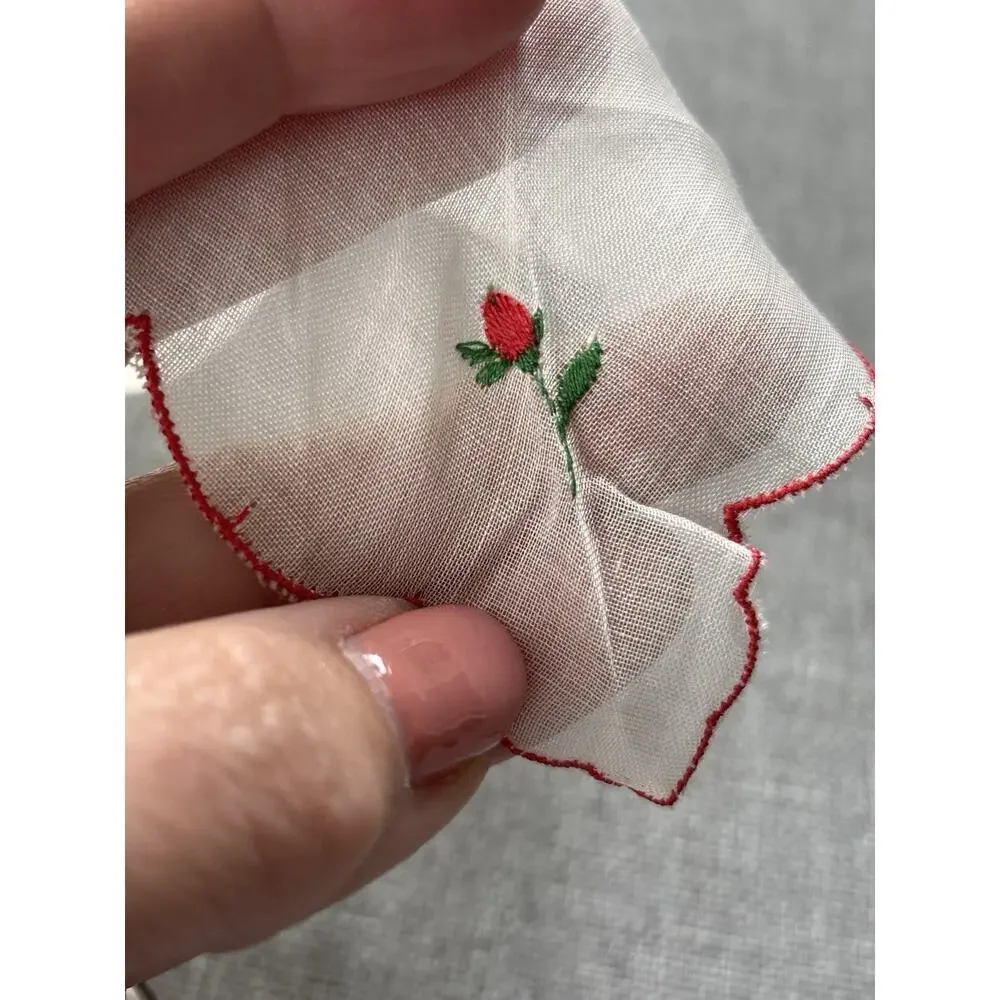 Vintage Embroidery All Cotton Hankie Handkerchief Red Floral & Sticker Scalloped